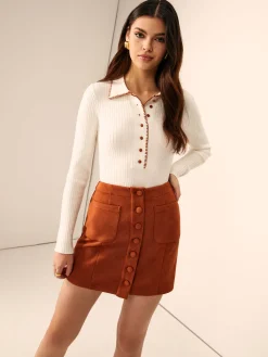 New Breasted Pockets Faux Leather Skirt Skirts|Matching Sets