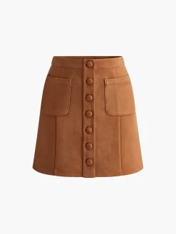New Breasted Pockets Faux Leather Skirt Skirts|Matching Sets