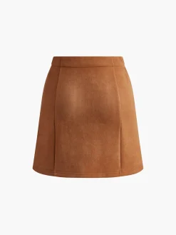 New Breasted Pockets Faux Leather Skirt Skirts|Matching Sets