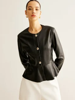 Best Breasted Ruffle Faux Leather Jacket Outerwear|Jackets