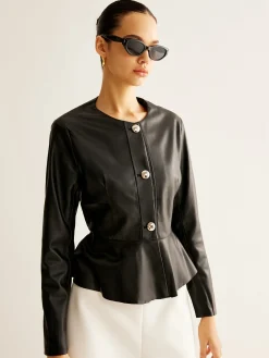 Best Breasted Ruffle Faux Leather Jacket Outerwear|Jackets