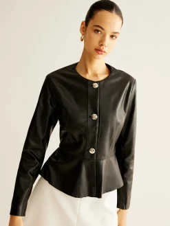Best Breasted Ruffle Faux Leather Jacket Outerwear|Jackets