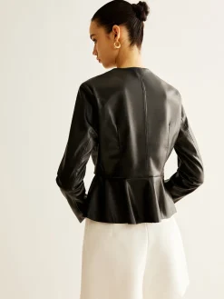 Best Breasted Ruffle Faux Leather Jacket Outerwear|Jackets