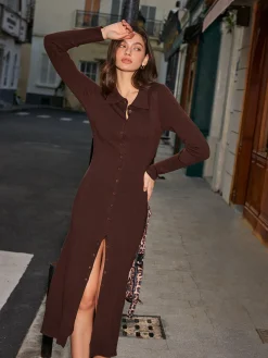 New Breasted Slim Lapel Knit Dress Sweater Dresses|Casual Dresses