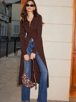 New Breasted Slim Lapel Knit Dress Sweater Dresses|Casual Dresses