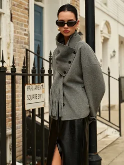 Discount Breasted Wool Coat With Button Tassel Scarf Outerwear|Coats