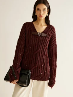 Sale Buckle Belted Beaded Knit Top Sweater Tops|Sweaters & Cardigans