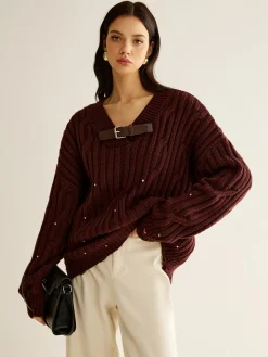 Sale Buckle Belted Beaded Knit Top Sweater Tops|Sweaters & Cardigans