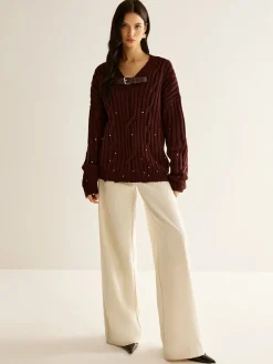 Sale Buckle Belted Beaded Knit Top Sweater Tops|Sweaters & Cardigans