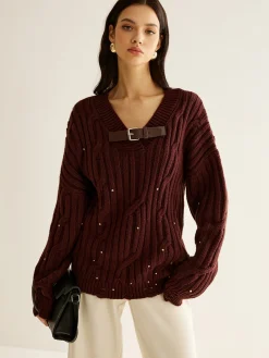 Sale Buckle Belted Beaded Knit Top Sweater Tops|Sweaters & Cardigans