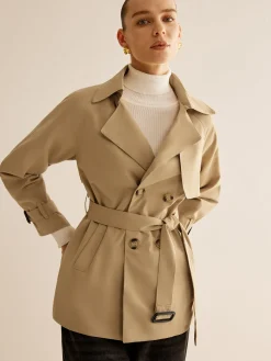 Outlet Buckle Design Lapel Belted Trench Coat Outerwear|Tops