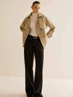 Outlet Buckle Design Lapel Belted Trench Coat Outerwear|Tops
