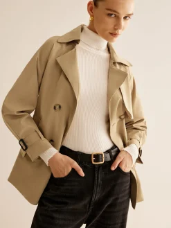 Outlet Buckle Design Lapel Belted Trench Coat Outerwear|Tops