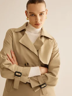 Outlet Buckle Design Lapel Belted Trench Coat Outerwear|Tops