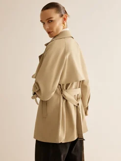 Outlet Buckle Design Lapel Belted Trench Coat Outerwear|Tops