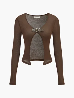 Clearance Buckle Design Split Thin Blouse Tops