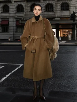Sale Button Belted Lapel Long Coat Outerwear|Coats