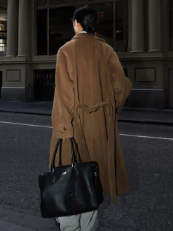 Sale Button Belted Lapel Long Coat Outerwear|Coats