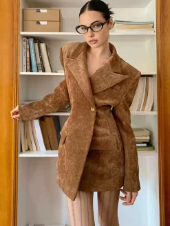 Discount Button Cinched Long Blazer Outerwear|Blazers