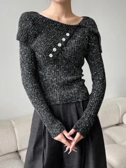 Discount Button Decor Belted Sweater Sweater Tops|Sweaters & Cardigans