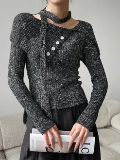 Discount Button Decor Belted Sweater Sweater Tops|Sweaters & Cardigans