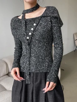 Discount Button Decor Belted Sweater Sweater Tops|Sweaters & Cardigans