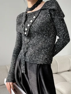 Discount Button Decor Belted Sweater Sweater Tops|Sweaters & Cardigans