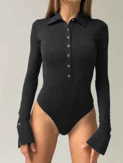 Outlet Button Down Collared Bodysuit Sweater Tops|Bodysuits