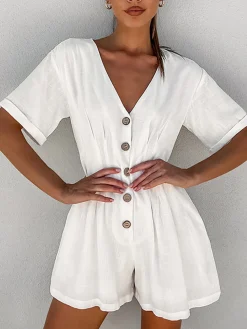 Best Button Down Linen Cotton Jumpsuit White Dresses|Jumpsuits & Rompers