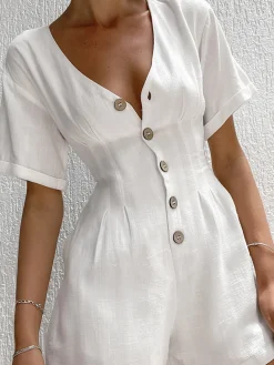 Best Button Down Linen Cotton Jumpsuit White Dresses|Jumpsuits & Rompers