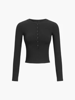 Discount Button Down Long Sleeve Crop Shirt Sweater Tops|Crop Tops