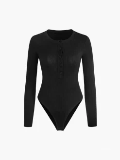 Hot Button Down Rib Long Sleeve Bodysuit Bodysuits|Bodysuits