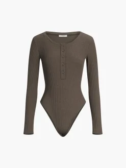 Hot Button Down Rib Long Sleeve Bodysuit Bodysuits|Bodysuits