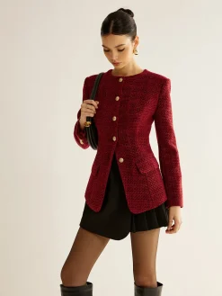 Discount Button Down Slit Tweed Blazer Outerwear|Blazers