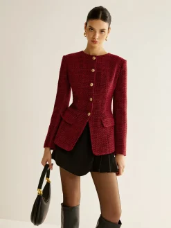 Clearance Button Down Slit Tweed Blazer Outerwear|Blazers