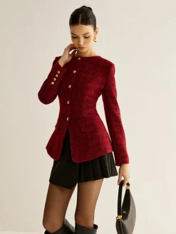 Clearance Button Down Slit Tweed Blazer Outerwear|Blazers