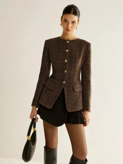 Clearance Button Down Slit Tweed Blazer Outerwear|Blazers