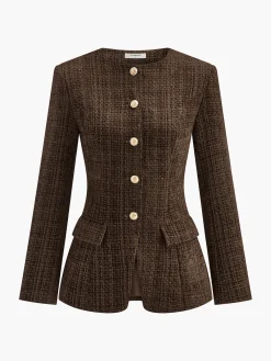 Clearance Button Down Slit Tweed Blazer Outerwear|Blazers