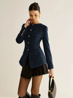 Clearance Button Down Slit Tweed Blazer Outerwear|Blazers