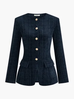 Clearance Button Down Slit Tweed Blazer Outerwear|Blazers