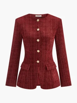 Clearance Button Down Slit Tweed Blazer Outerwear|Blazers