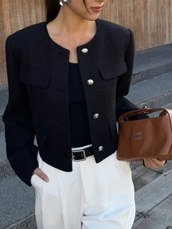 Clearance Button Down Tweed Jacket Outerwear|Jackets