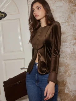 Clearance Button Down Velvet Slim Blouse Blouses & Shirts