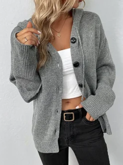 Best Button Drawstring Hooded Cardigan Cardigans|Sweaters & Cardigans