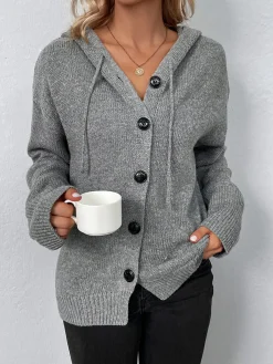 Best Button Drawstring Hooded Cardigan Cardigans|Sweaters & Cardigans