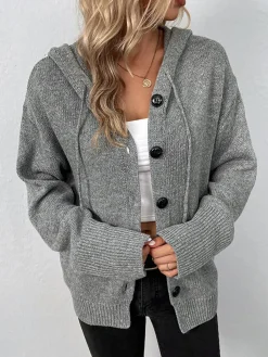 Best Button Drawstring Hooded Cardigan Cardigans|Sweaters & Cardigans