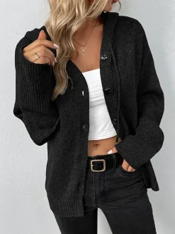 Best Button Drawstring Hooded Cardigan Cardigans|Sweaters & Cardigans