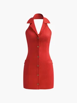 Best Button Front Backless Halter Dress Casual Dresses|Work Dresses