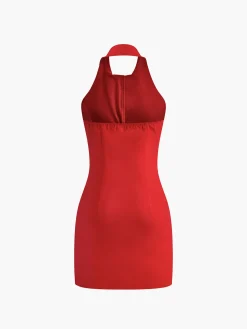Best Button Front Backless Halter Dress Casual Dresses|Work Dresses