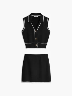 Outlet Button Front Contrast Binding Sleeveless Skirt Set Skirt Sets|Long Sleeve Sets